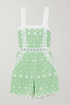 Zuma Crocheted Lace-trimmed Broderie Anglaise Cotton-blend Playsuit - Green