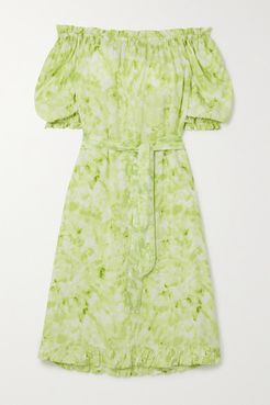 Saint Jean Off-the-shoulder Ruffled Tie-dyed Crepe Nightdress - Green