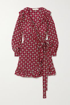 Ruffled Printed Silk-crepe Mini Wrap Dress - Burgundy
