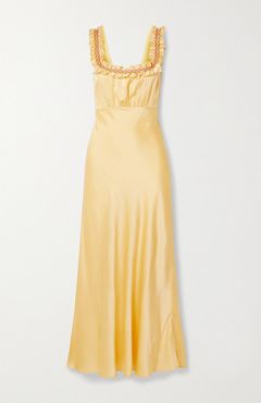 Nola Embroidered Silk-satin Maxi Dress - Pastel yellow