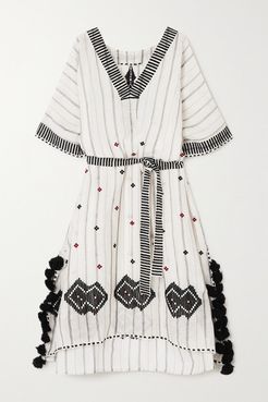 Clara Tasseled Embroidered Striped Linen And Cotton-blend Kaftan - White