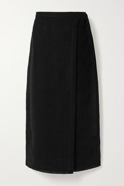 Linen-blend Gauze Wrap Midi Skirt - Black