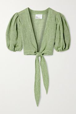 Pouf Cropped Tie-front Linen-blend Gauze Top - Green