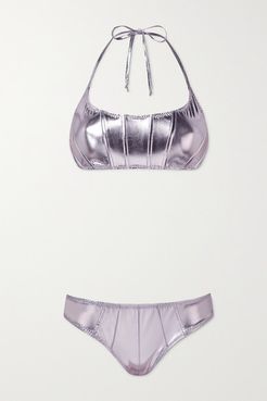 Corset Pintucked Metallic Stretch-pvc Halterneck Bikini - Lavender