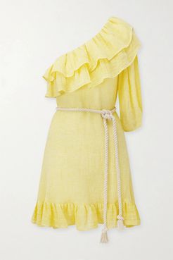 Arden One-shoulder Ruffled Linen-blend Gauze Mini Dress - Yellow