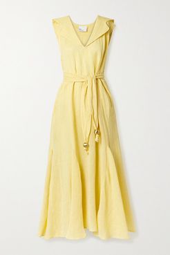 Marguerite Belted Metallic Linen-blend Gauze Midi Dress - Yellow