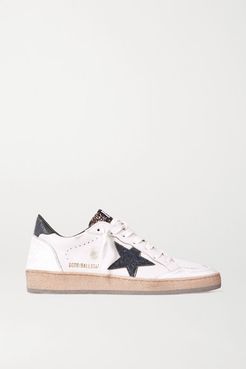 Ball Star Glittered Distressed Leather Sneakers - White