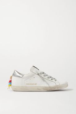 Superstar Bead-embellished Distressed Leather Sneakers - White