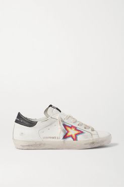Superstar Bead-embellished Distressed Leather Sneakers - White