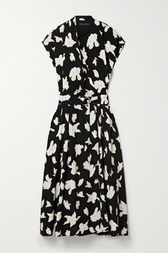 Belted Floral-print Georgette Midi Dress - Black