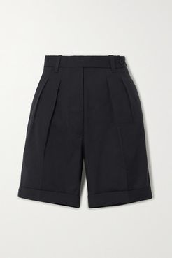 The Husband Pleated Grain De Poudre Wool Shorts - Navy
