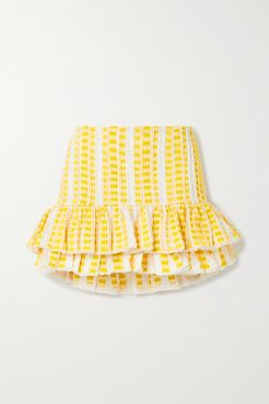 Net Sustain Frayed Ruffled Embroidered Cotton-gauze Mini Skirt - Yellow