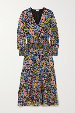 Maya Shirred Floral-print Cotton Maxi Dress - Black