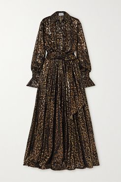 Belted Metallic Flocked Silk-blend Gown - Black
