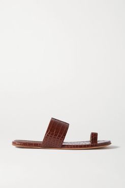 Croc-effect Glossed-leather Sandals - Brown