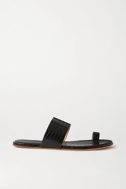 Croc-effect Glossed-leather Sandals - Black