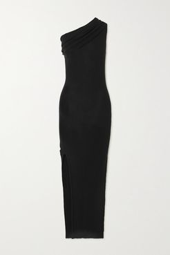 One-shoulder Draped Ribbed Wool Dress - Black