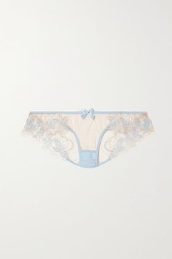 Lindie Bead-embellished Embroidered Tulle Briefs - Blue