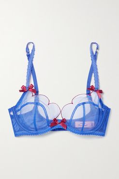 Lorna Bow-embellished Embroidered Tulle Underwired Soft-cup Bra - Blue