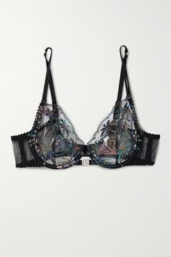 Cali Crystal-embellished Metallic Embroidered Tulle Underwired Soft-cup Bra - Black