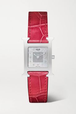 Heure H 21mm Small Stainless Steel, Alligator, Diamond And Mother-of-pearl Watch - Red
