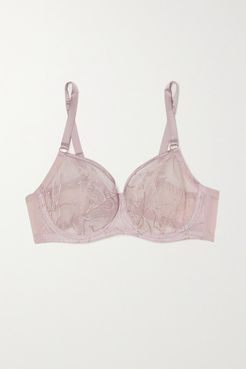 Vivian Satin-trimmed Embroidered Tulle Underwired Bra - Lilac