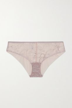 Vivian Satin-trimmed Embroidered Stretch-tulle Briefs - Lilac