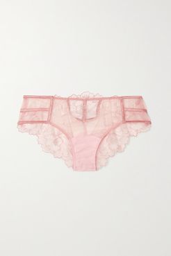 Cutout Embroidered Tulle And Satin Briefs - Pastel pink