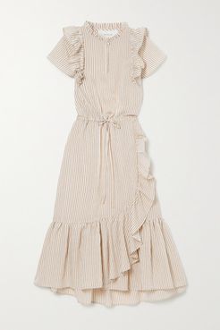 Moderate Ruffled Striped Voile Midi Dress - Ecru