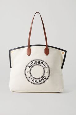 Large Leather-trimmed Printed Canvas Tote - Ecru