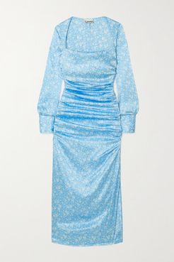 Ruched Floral-print Stretch Silk-satin Midi Dress - Blue