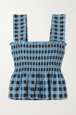 Smocked Checked Cotton And Silk-blend Peplum Top - Blue