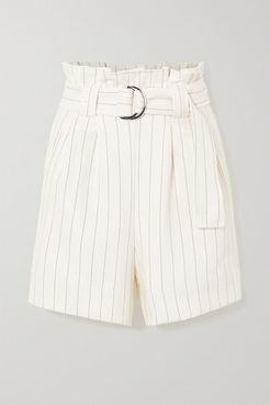 Belted Pinstriped Crepe Shorts - Ivory