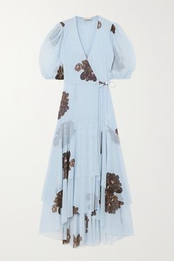 Floral-print Stretch-mesh Wrap Midi Dress - Light blue