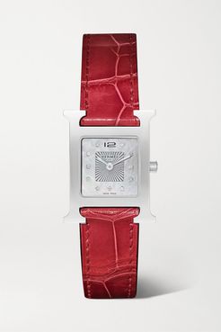 Heure H 21mm Small Stainless Steel, Alligator, Diamond And Mother-of-pearl Watch - Red