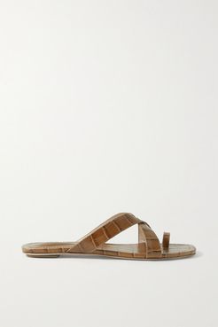 Croc-effect Leather Sandals - Tan