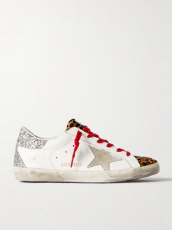 Superstar Distressed Leopard-print Calf Hair, Leather And Suede Sneakers - White