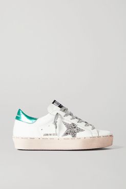 Hi Star Distressed Glittered Leather Sneakers - White