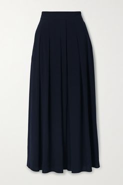 Pleated Wool-crepe Midi Skirt - Midnight blue