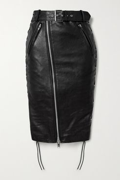 Belted Lace-up Leather And Stretch-jersey Skirt - Black