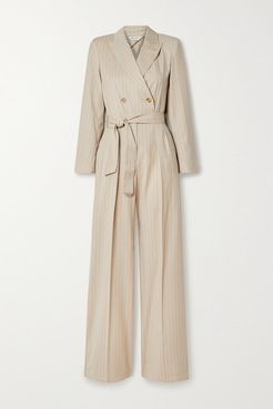 Diana Double-breasted Belted Pinstriped Wool-twill Jumpsuit - Sand