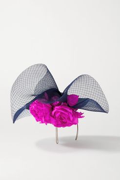 Embellished Straw And Tulle Fascinator - Navy