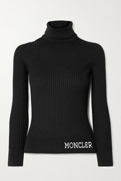 Intarsia Ribbed Wool Turtleneck Sweater - Black