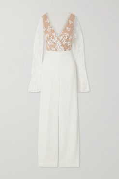 Poppy Embroidered Tulle And Crepe Jumpsuit - White