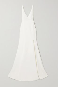Enola Tie-detailed Open-back Embroidered Tulle And Crepe Gown - White