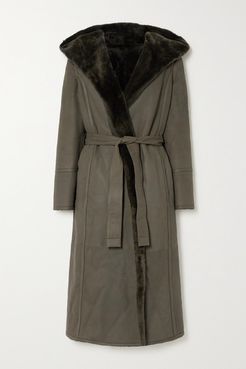 Harvey Reversible Hooded Belted Shearling Coat - Army green