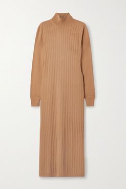 Times Square Ribbed Cashmere Turtleneck Midi Dress - Camel