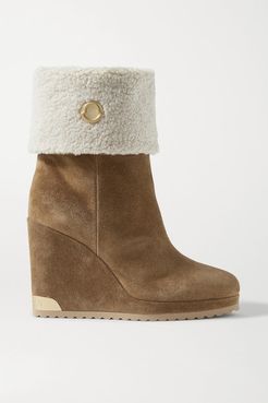 W Short Shearling-lined Suede Wedge Ankle Boots - Tan