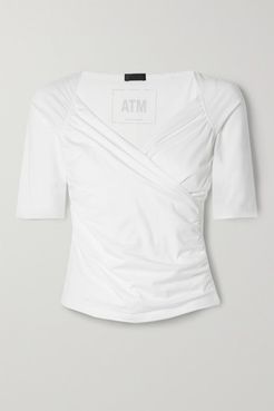 Wrap-effect Gathered Stretch-pima Cotton-jersey Top - White