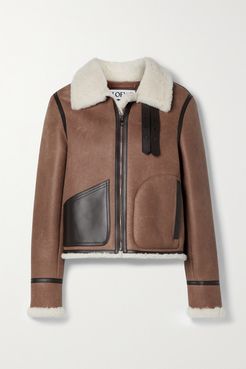 Leather-trimmed Shearling Jacket - Brown